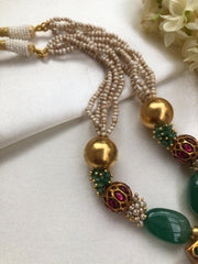 Antique style pendant with gundu & green beads pearls mala-Silver Neckpiece-PL-House of Taamara