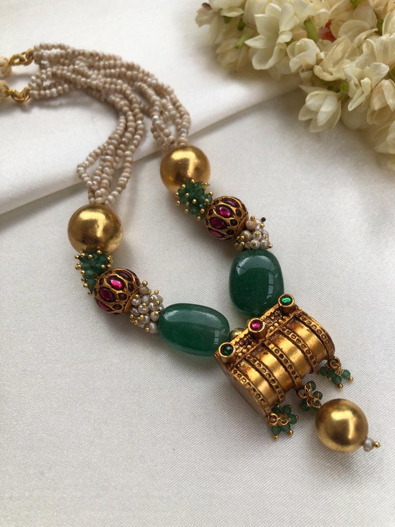 Antique style pendant with gundu & green beads pearls mala-Silver Neckpiece-PL-House of Taamara