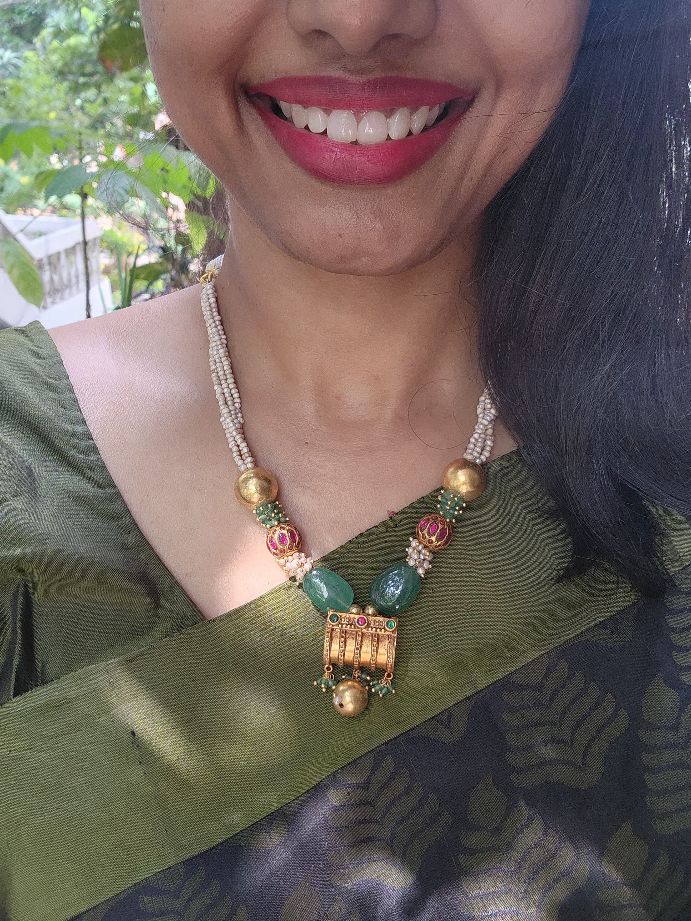 Antique style pendant with gundu & green beads pearls mala-Silver Neckpiece-PL-House of Taamara