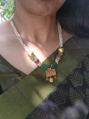 Antique style pendant with gundu & green beads pearls mala-Silver Neckpiece-PL-House of Taamara