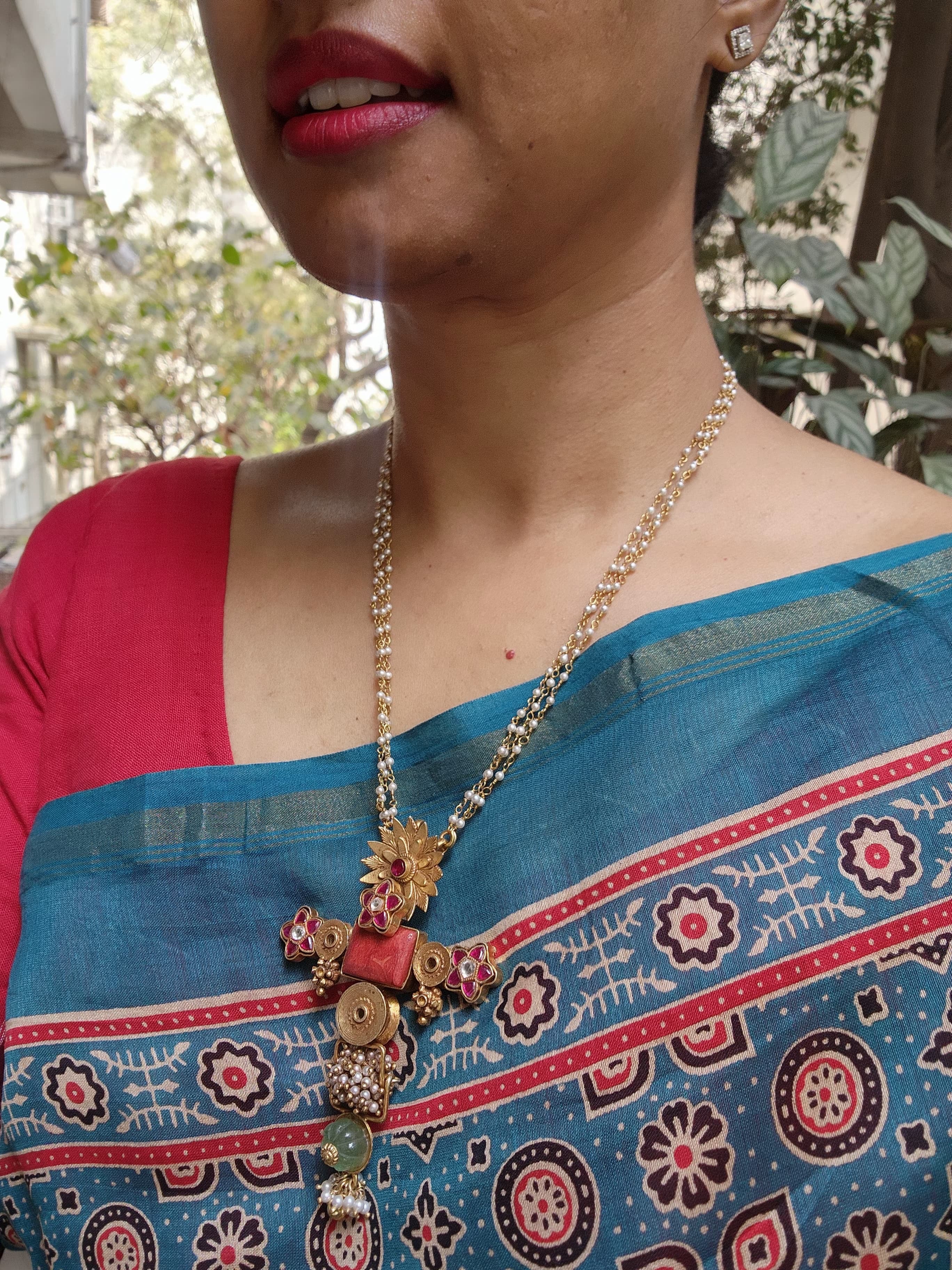 Antique style pendant with kundan ruby flower & rice pearls mala-Silver Neckpiece-PL-House of Taamara