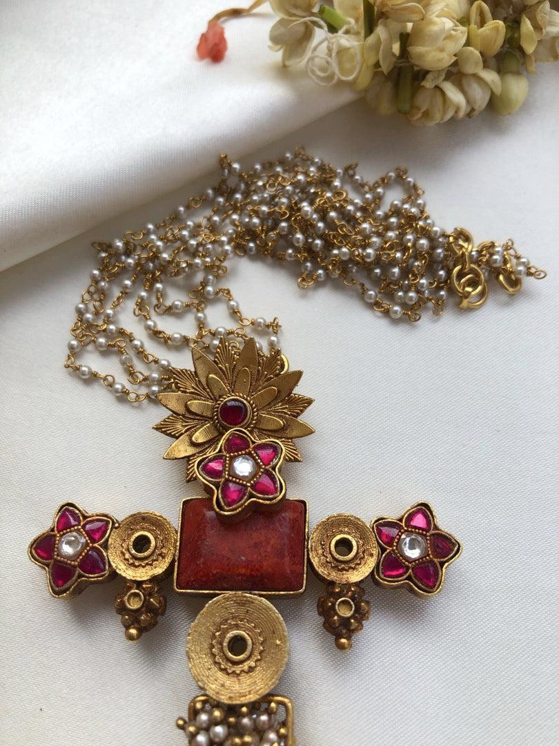 Antique style pendant with kundan ruby flower & rice pearls mala-Silver Neckpiece-PL-House of Taamara