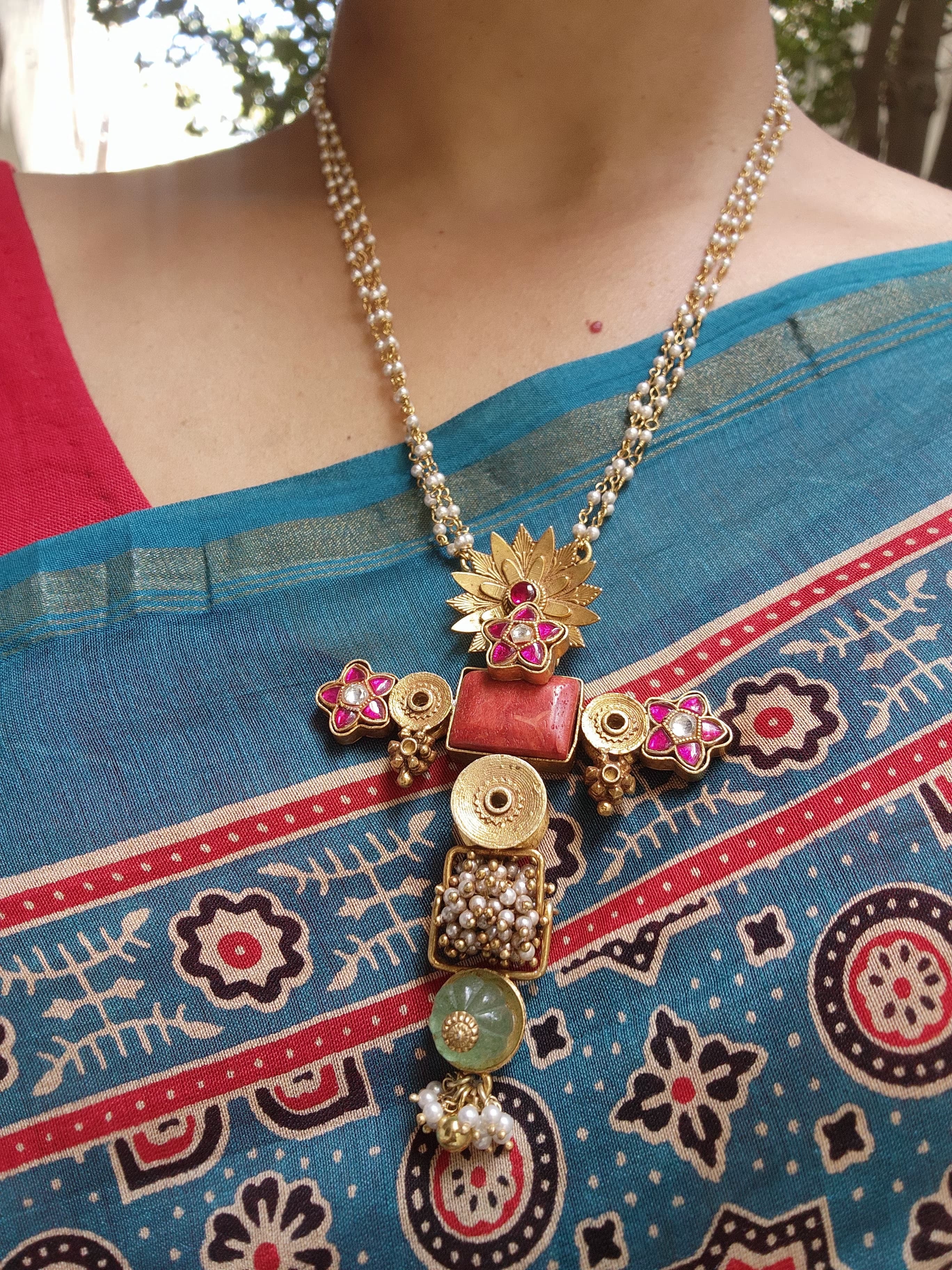 Antique style pendant with kundan ruby flower & rice pearls mala-Silver Neckpiece-PL-House of Taamara