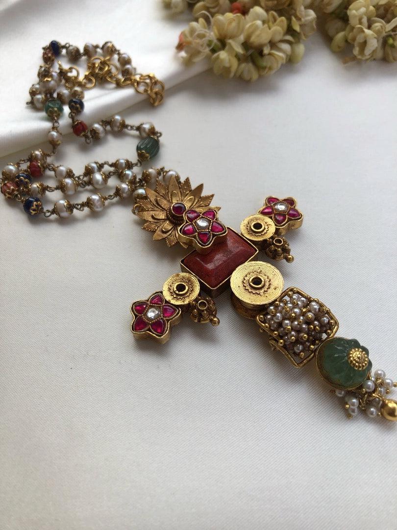Antique style pendant with kundan ruby flower with pearls, coral & blue beads mala-Silver Neckpiece-PL-House of Taamara