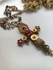 Antique style pendant with kundan ruby flower with pearls, coral & blue beads mala-Silver Neckpiece-PL-House of Taamara