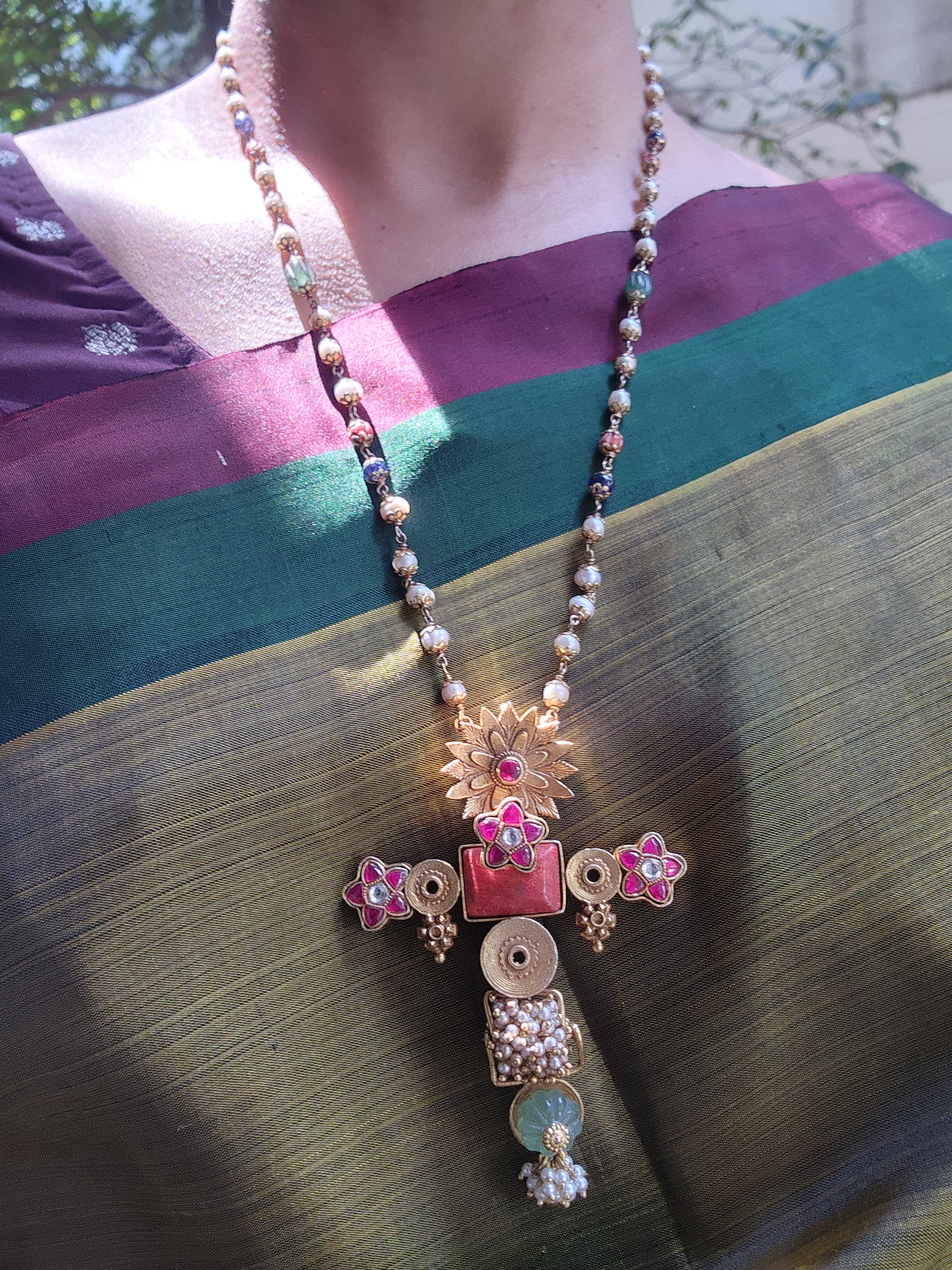 Antique style pendant with kundan ruby flower with pearls, coral & blue beads mala-Silver Neckpiece-PL-House of Taamara