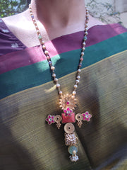 Antique style pendant with kundan ruby flower with pearls, coral & blue beads mala-Silver Neckpiece-PL-House of Taamara