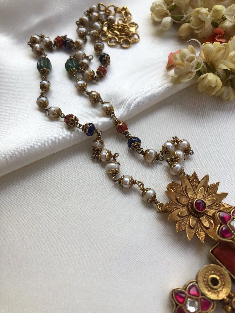 Antique style pendant with kundan ruby flower with pearls, coral & blue beads mala-Silver Neckpiece-PL-House of Taamara