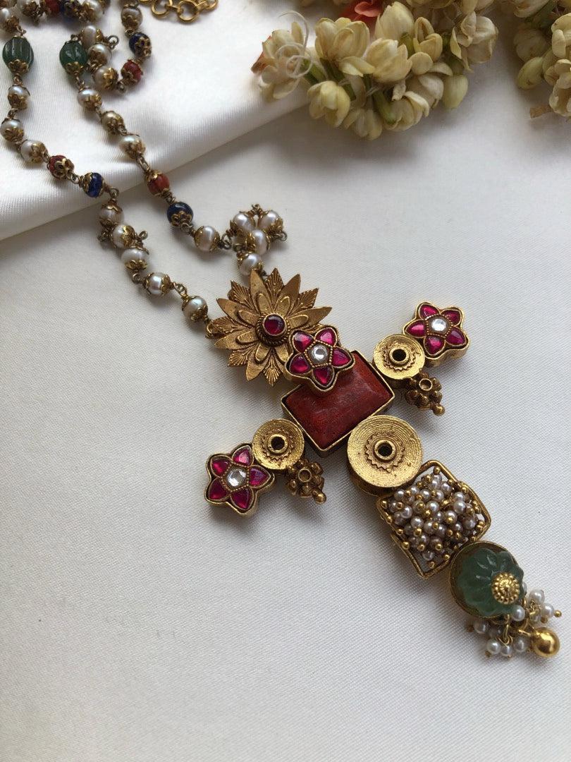 Antique style pendant with kundan ruby flower with pearls, coral & blue beads mala-Silver Neckpiece-PL-House of Taamara