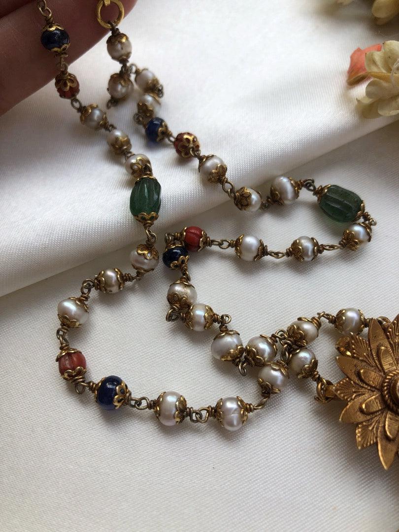 Antique style pendant with kundan ruby flower with pearls, coral & blue beads mala-Silver Neckpiece-PL-House of Taamara