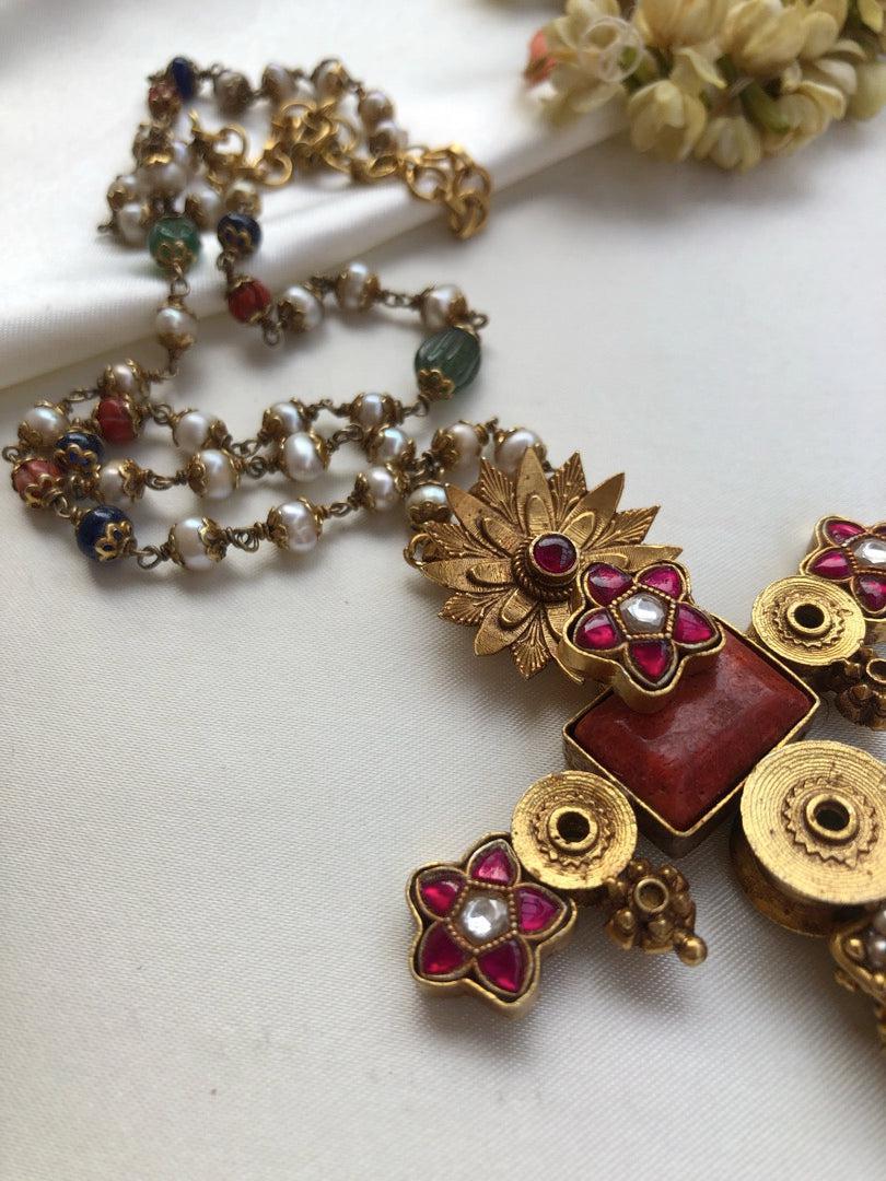 Antique style pendant with kundan ruby flower with pearls, coral & blue beads mala-Silver Neckpiece-PL-House of Taamara