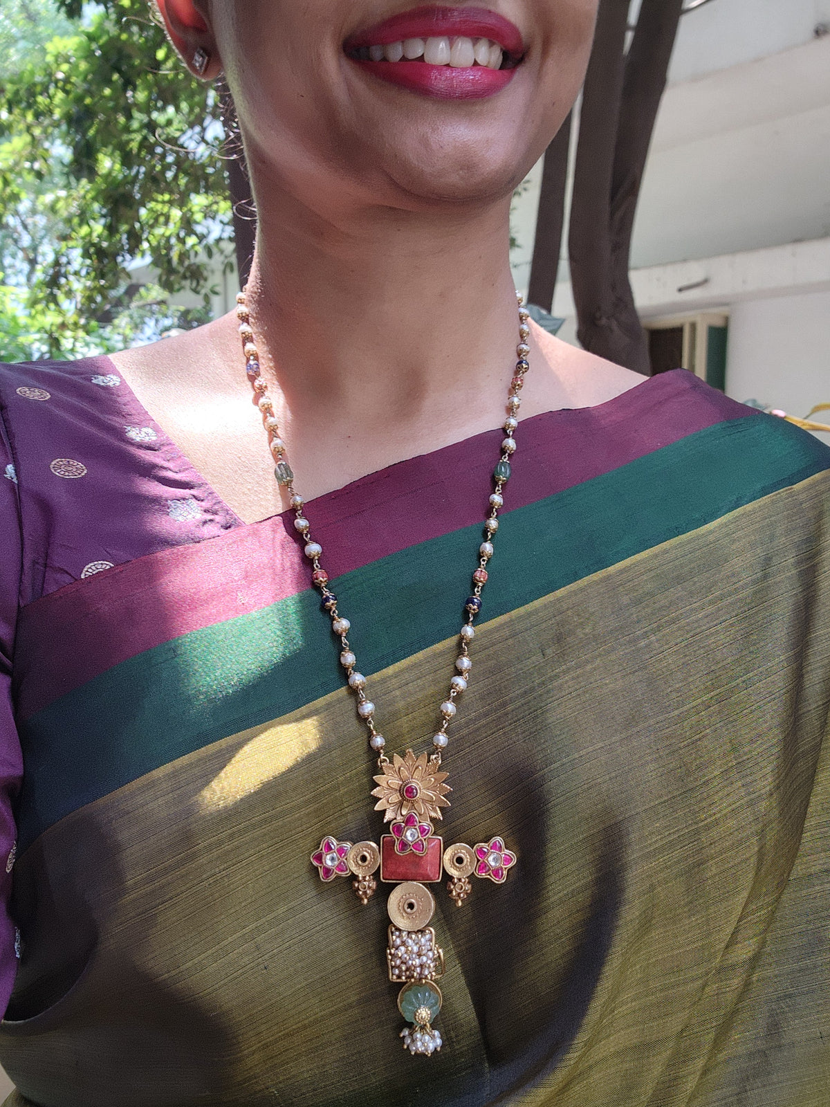Antique style pendant with kundan ruby flower with pearls, coral & blue beads mala-Silver Neckpiece-PL-House of Taamara