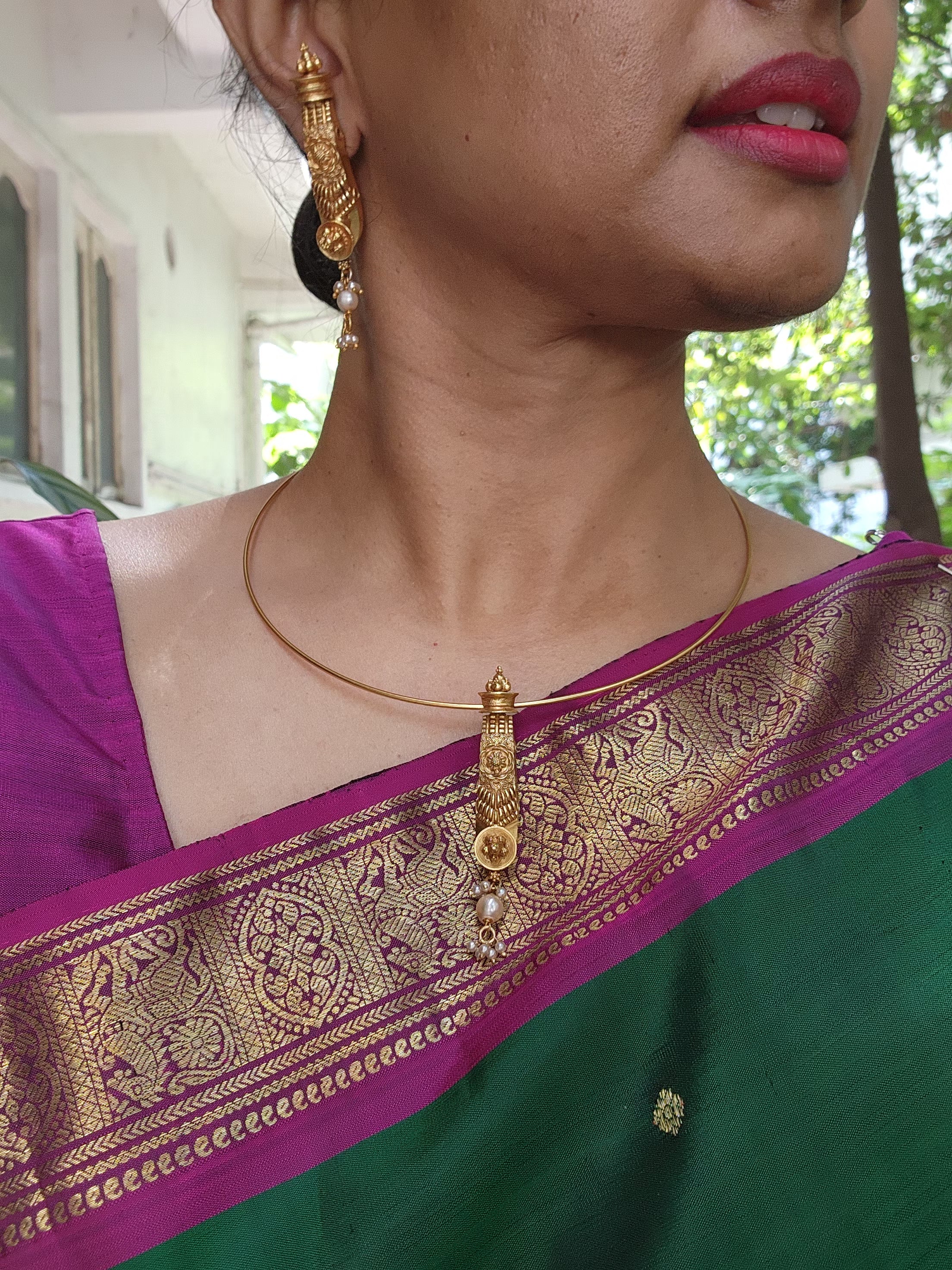 Antique style pendant with pearls bunch & earrings SET-Silver Neckpiece-PL-House of Taamara