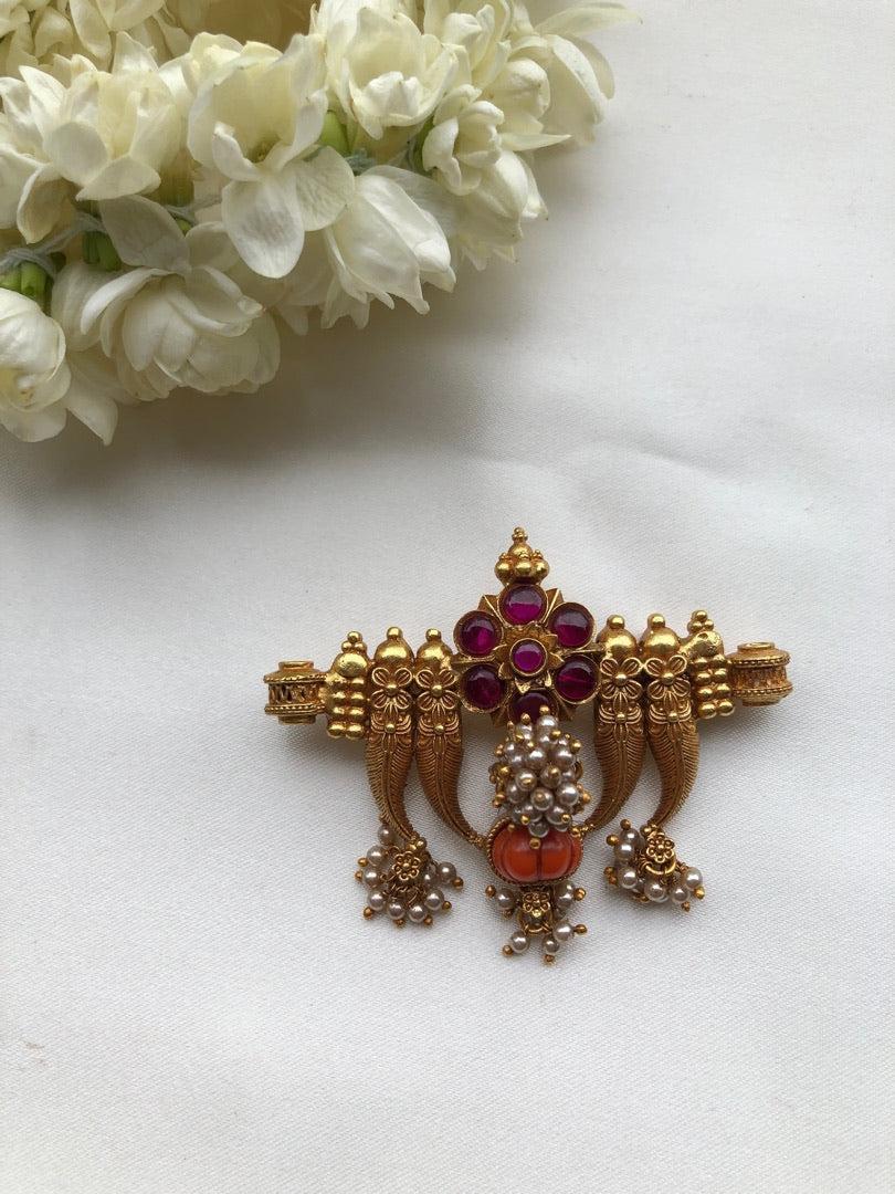 Antique style pendant with thodu & coral with pearls bunch-Silver Neckpiece-PL-House of Taamara