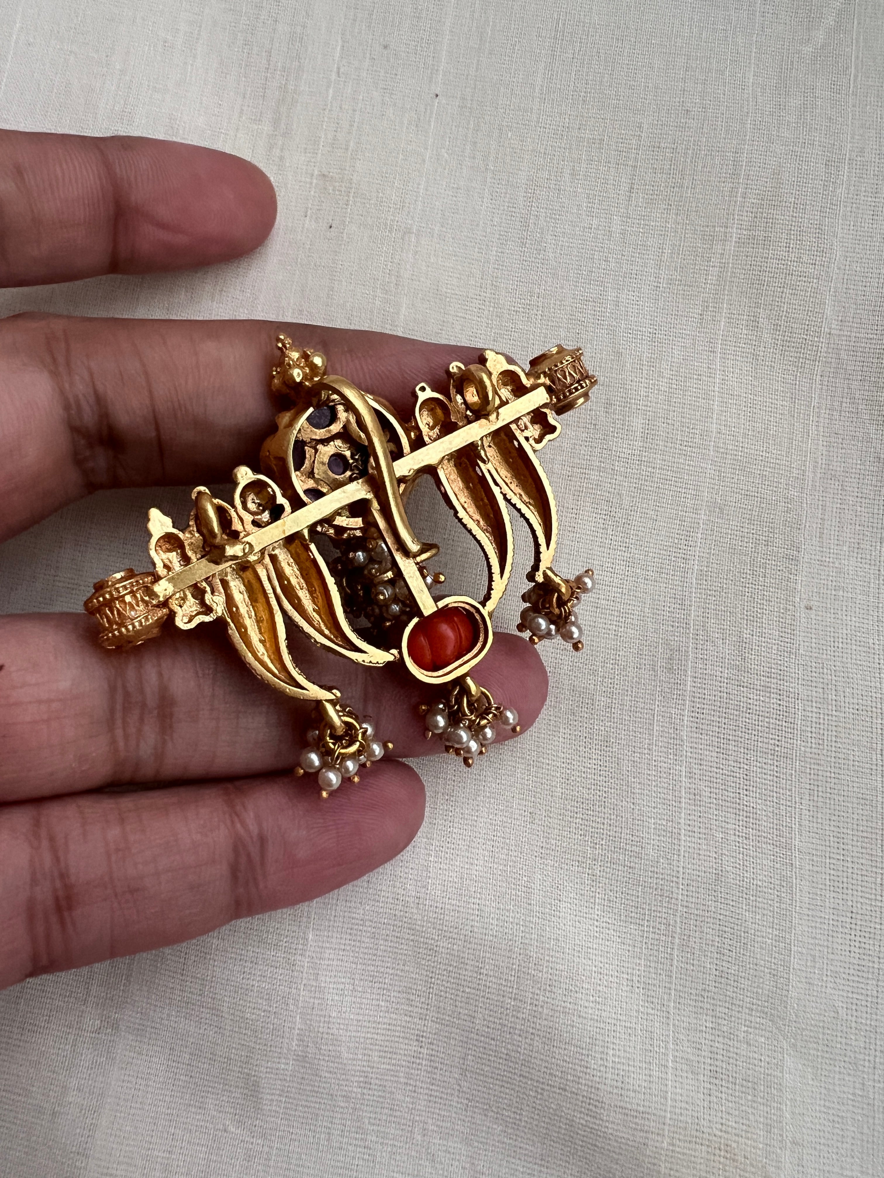 Antique style pendant with thodu & coral with pearls bunch-Silver Neckpiece-PL-House of Taamara
