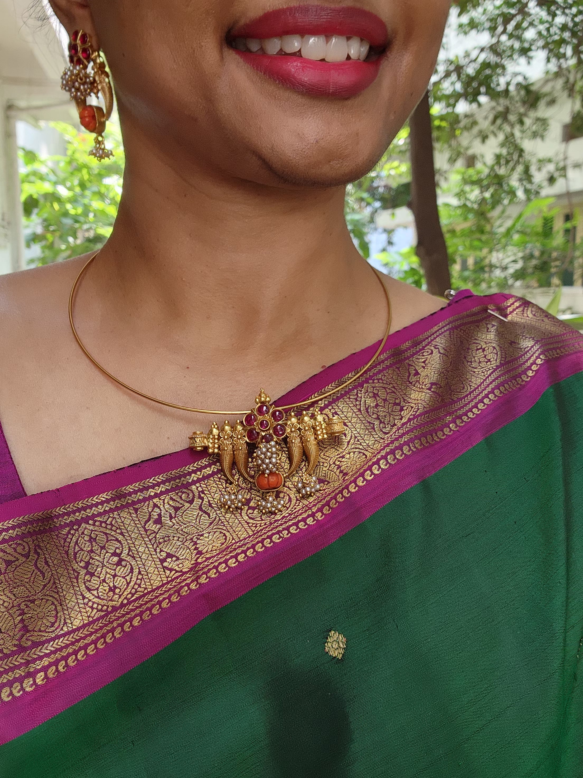 Antique style pendant with thodu & coral with pearls bunch-Silver Neckpiece-PL-House of Taamara