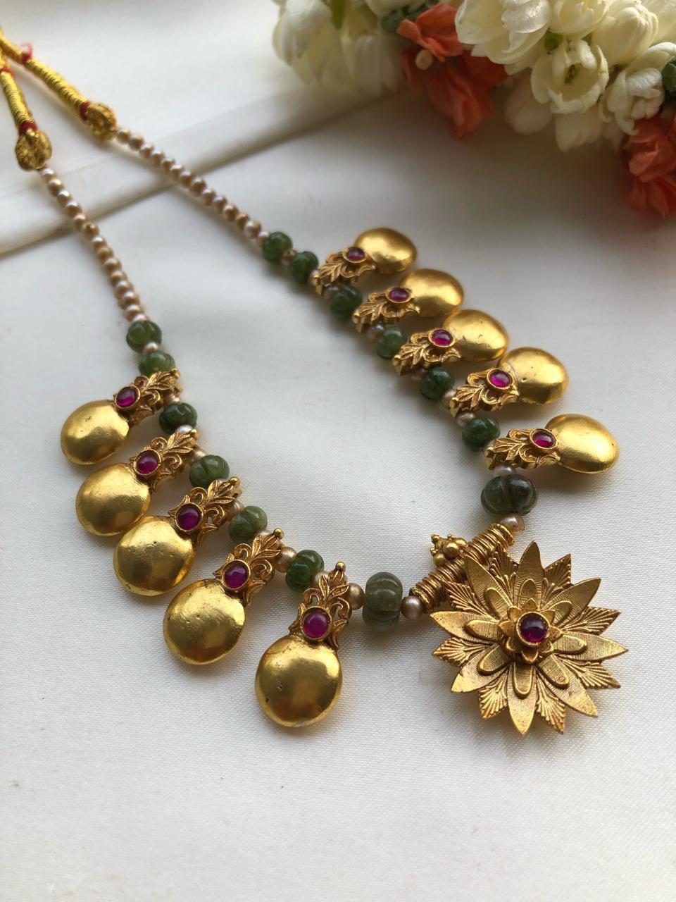 Antique style pieces with green beads & pearls mala-Silver Neckpiece-PL-House of Taamara
