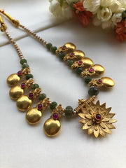 Antique style pieces with green beads & pearls mala-Silver Neckpiece-PL-House of Taamara