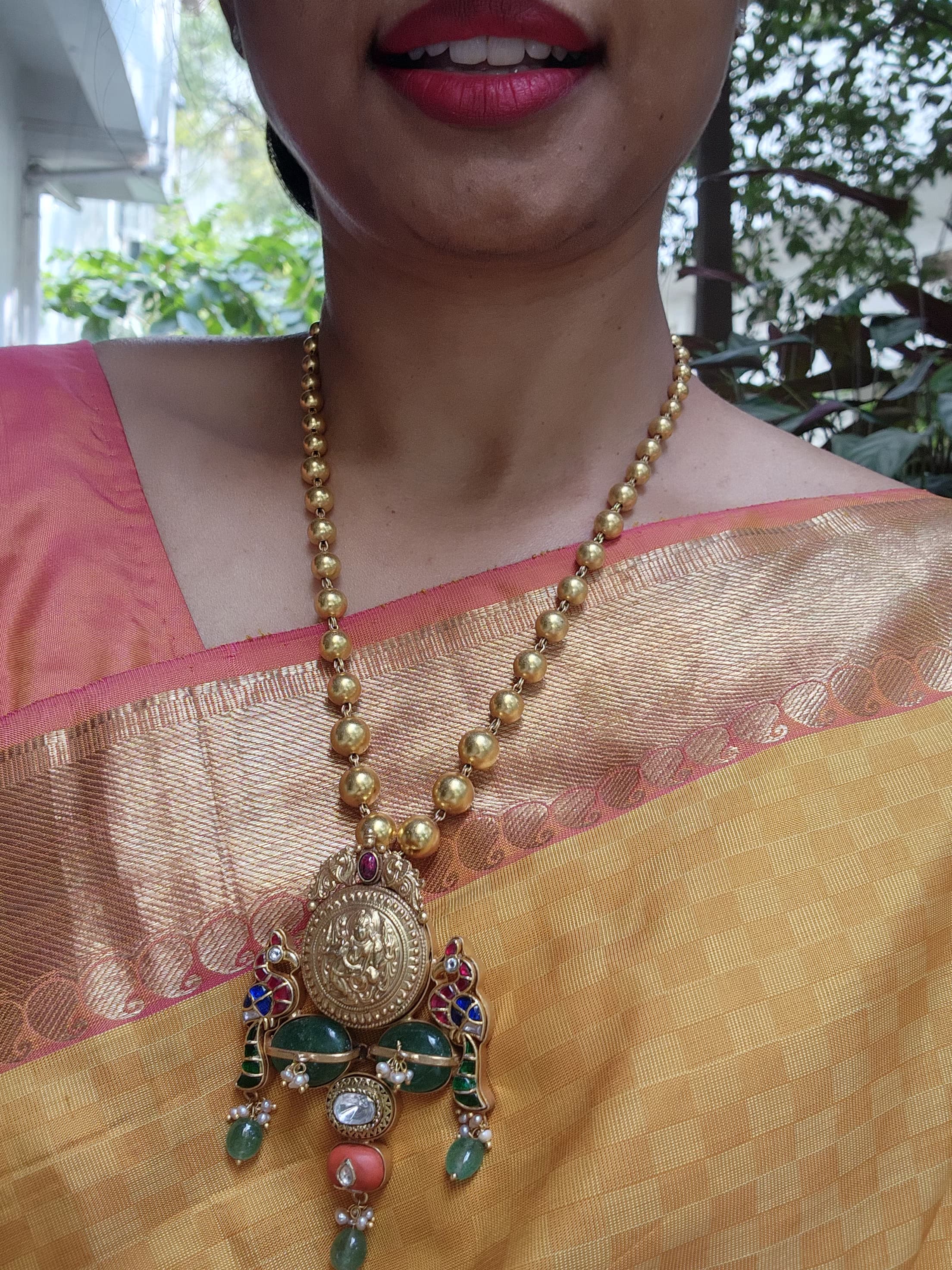 Antique style round head gear peacock pendant with gundu mala-Silver Neckpiece-PL-House of Taamara