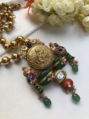 Antique style round head gear peacock pendant with gundu mala-Silver Neckpiece-PL-House of Taamara