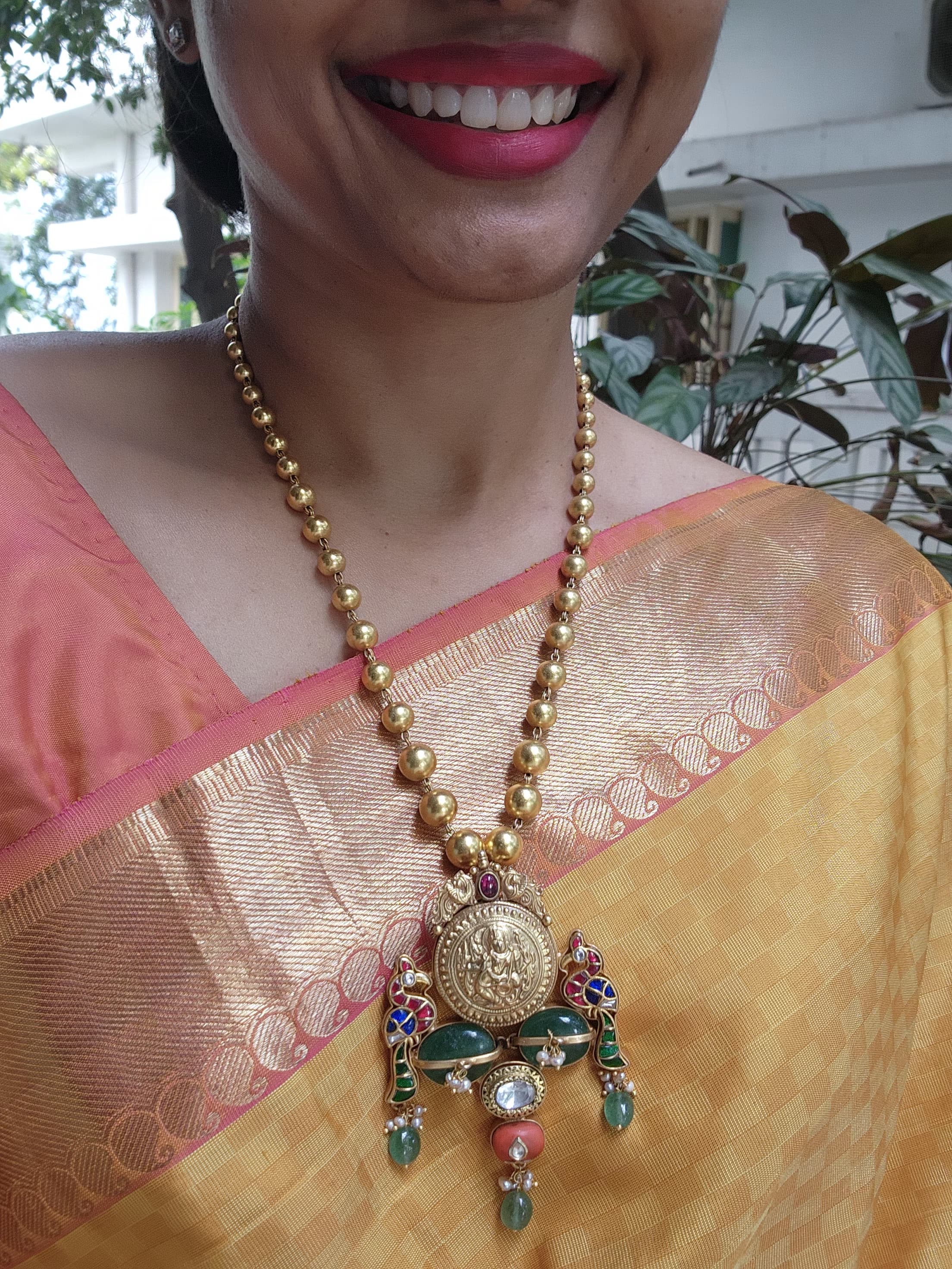 Antique style round head gear peacock pendant with gundu mala-Silver Neckpiece-PL-House of Taamara