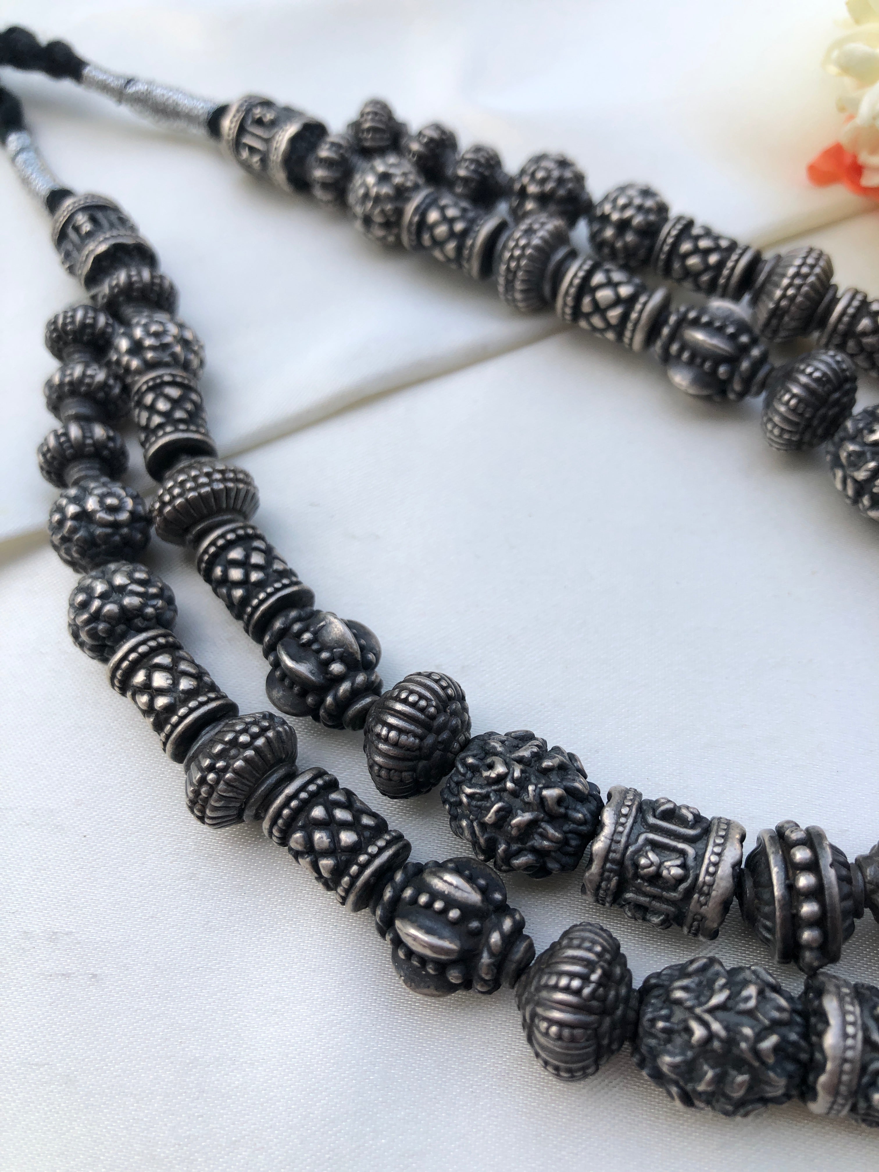 Antique style silver oxidised beads necklace-Silver Neckpiece-PL-House of Taamara