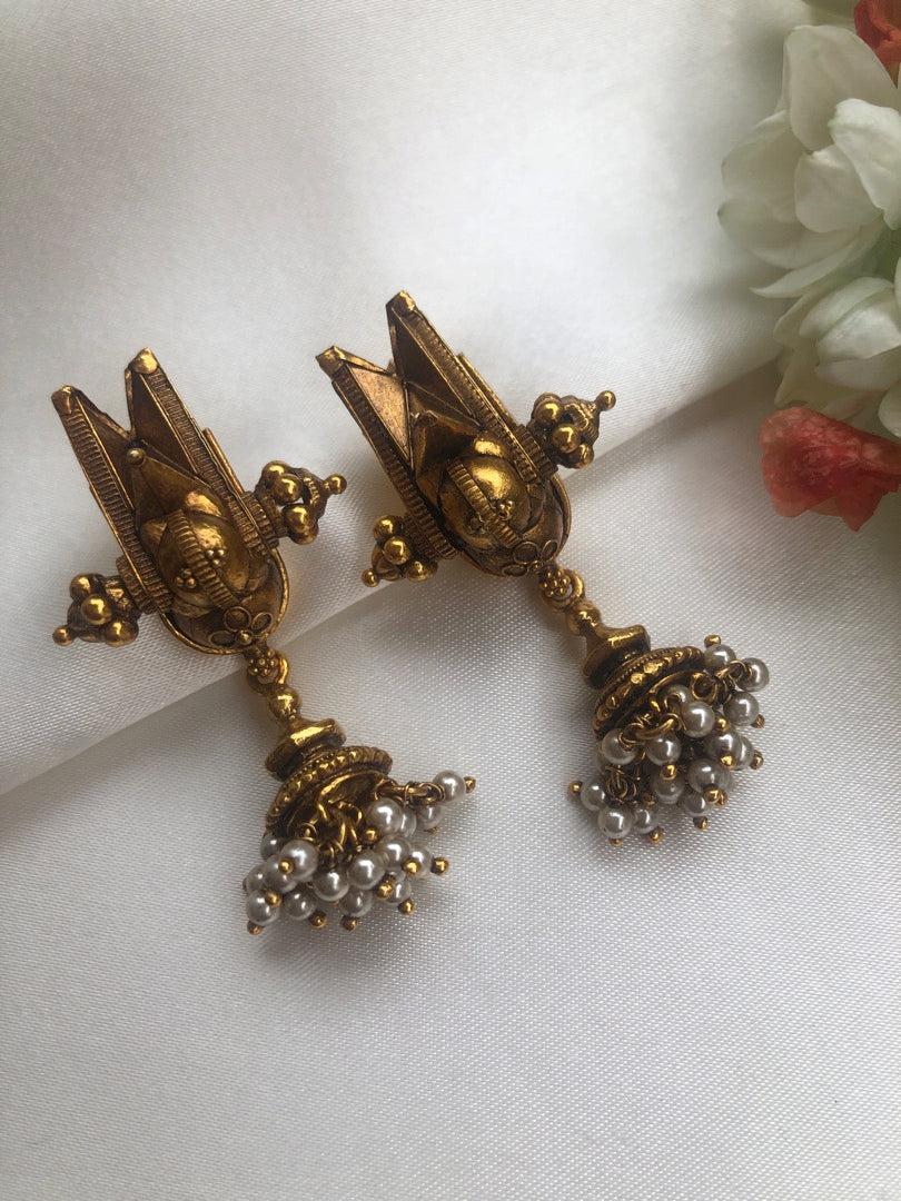 Antique taali style earrings with jhumkas, vintage style (Made To Order)-Earrings-PL-House of Taamara