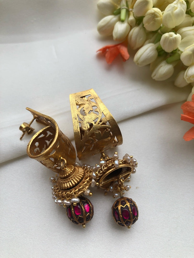 Antique vintage style earrings with jhumkas & kundan ruby bead-Earrings-PL-House of Taamara