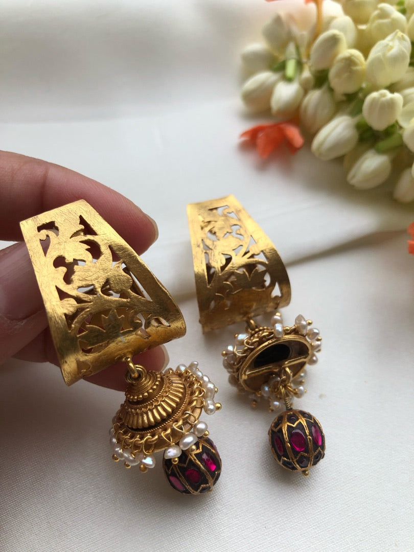 Antique vintage style earrings with jhumkas & kundan ruby bead-Earrings-PL-House of Taamara