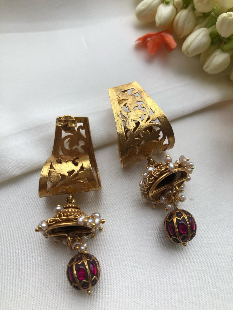 Antique vintage style earrings with jhumkas & kundan ruby bead-Earrings-PL-House of Taamara
