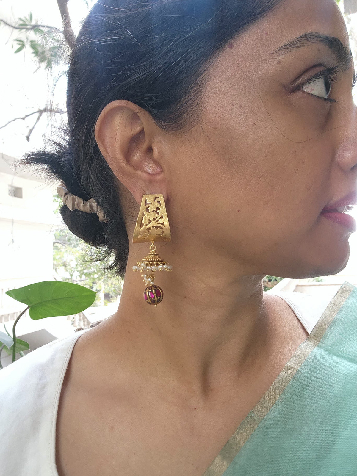 Antique vintage style earrings with kundan ruby bead-Earrings-PL-House of Taamara