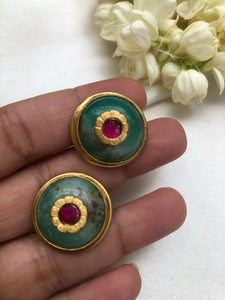 Aqua round earrings with kundan style inlay work-Earrings-PL-House of Taamara