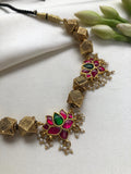 Ashatapatti beads with kundan style lotus necklace-Silver Neckpiece-PL-House of Taamara
