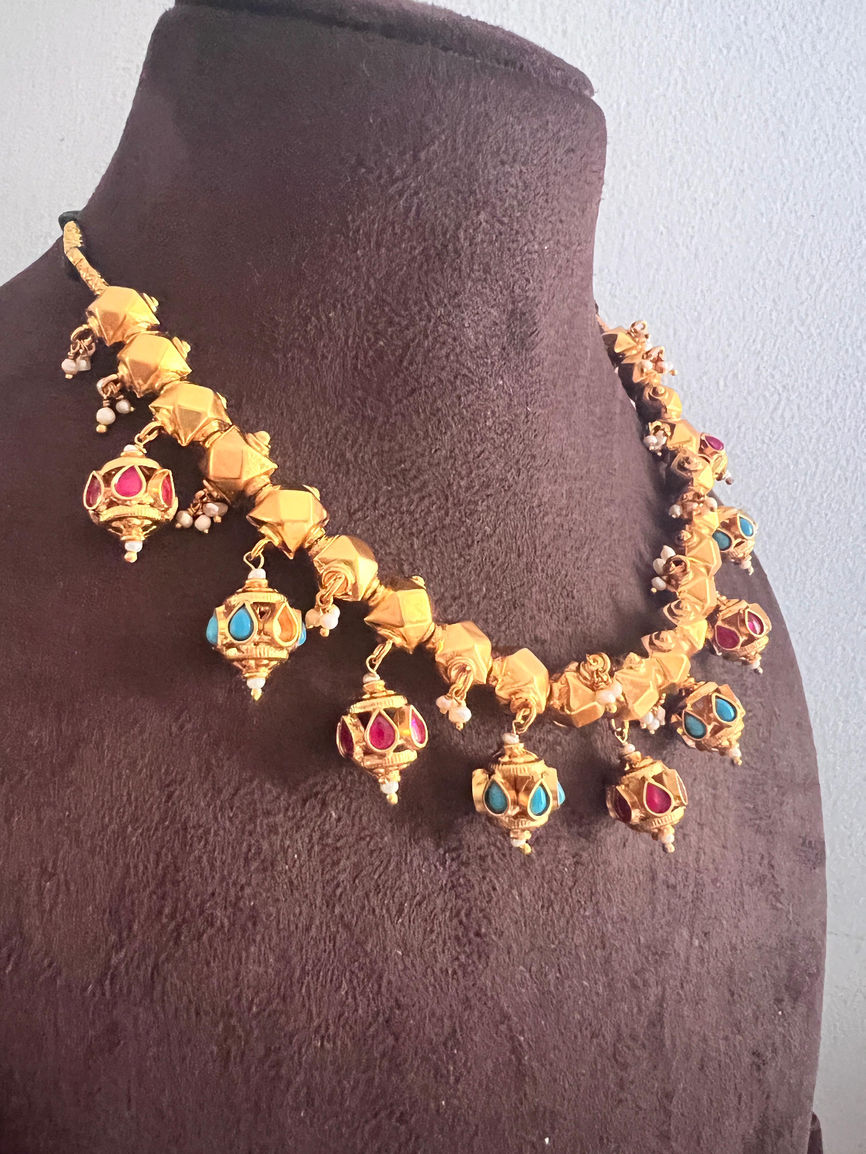 Ashtapatti Necklace With Pink & Turquoise Stone With Gold Polish Beads (MADE TO ORDER)-Silver Neckpiece-PL-House of Taamara