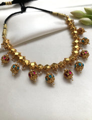 Ashtapatti Necklace With Pink & Turquoise Stone With Gold Polish Beads (MADE TO ORDER)-Silver Neckpiece-PL-House of Taamara