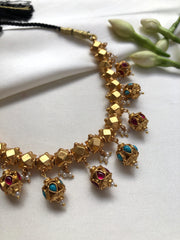 Ashtapatti Necklace With Pink & Turquoise Stone With Gold Polish Beads (MADE TO ORDER)-Silver Neckpiece-PL-House of Taamara