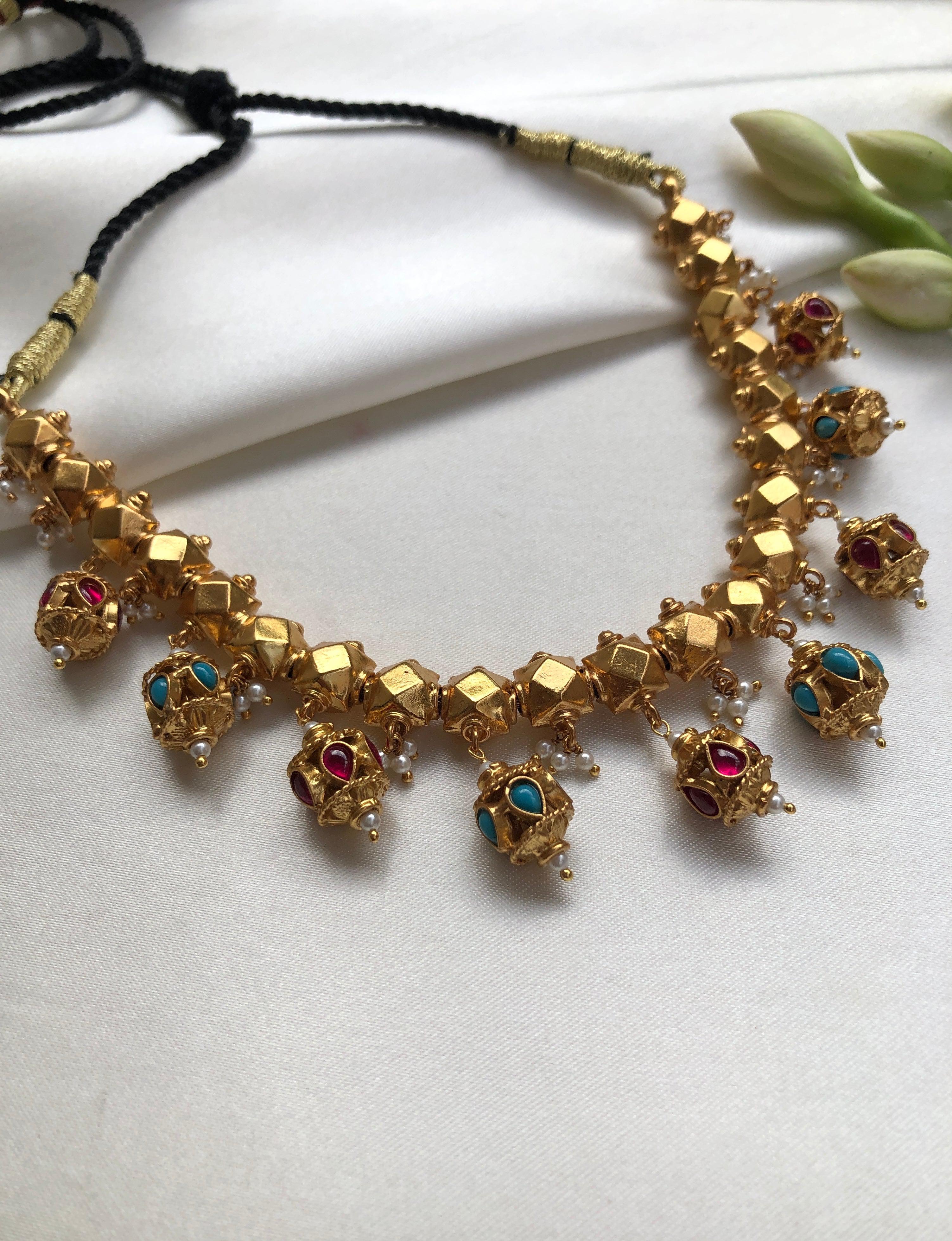 Ashtapatti Necklace With Pink & Turquoise Stone With Gold Polish Beads (MADE TO ORDER)-Silver Neckpiece-PL-House of Taamara