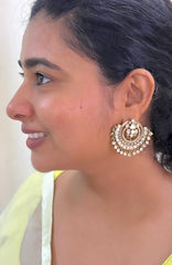 Big chaandbali stud with square polkis hanging-Silver earrings-EZ-House of Taamara