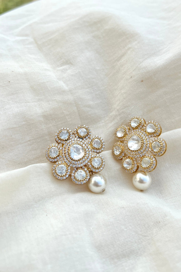 Big moissanite floral stud with a pearl-Silver earrings-EZ-House of Taamara