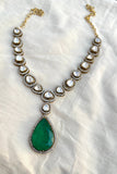 Big polki stones with a big green drop pendant-Silver earrings-EZ-House of Taamara