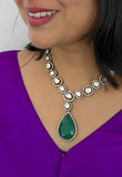 Big polki stones with a big green drop pendant-Silver earrings-EZ-House of Taamara