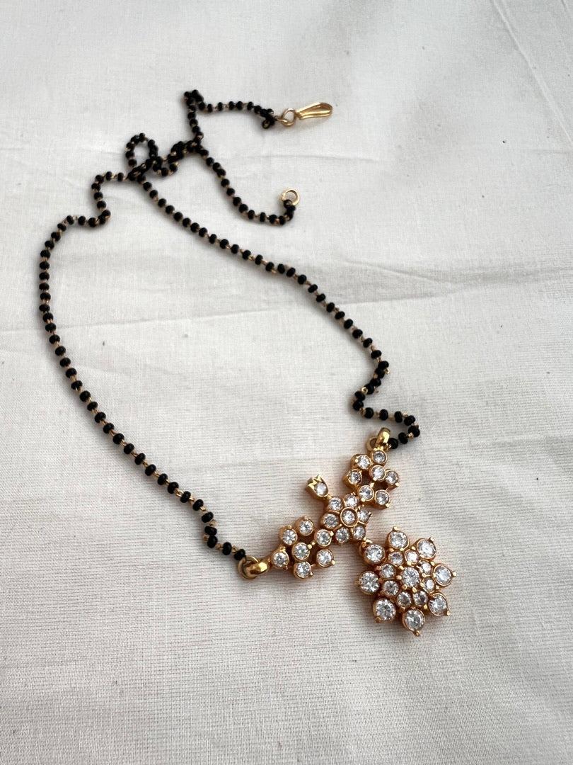 Black bead/mangalsutra style beads chain with zircon pendant-Silver Neckpiece-CI-House of Taamara