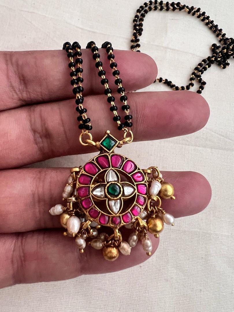 Black bead/mangalsutra style chain with kundan pendant-Silver Neckpiece-CI-House of Taamara