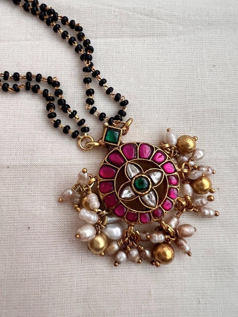 Black bead/mangalsutra style chain with kundan pendant-Silver Neckpiece-CI-House of Taamara