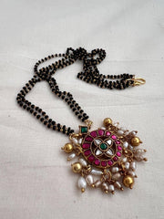 Black bead/mangalsutra style chain with kundan pendant-Silver Neckpiece-CI-House of Taamara