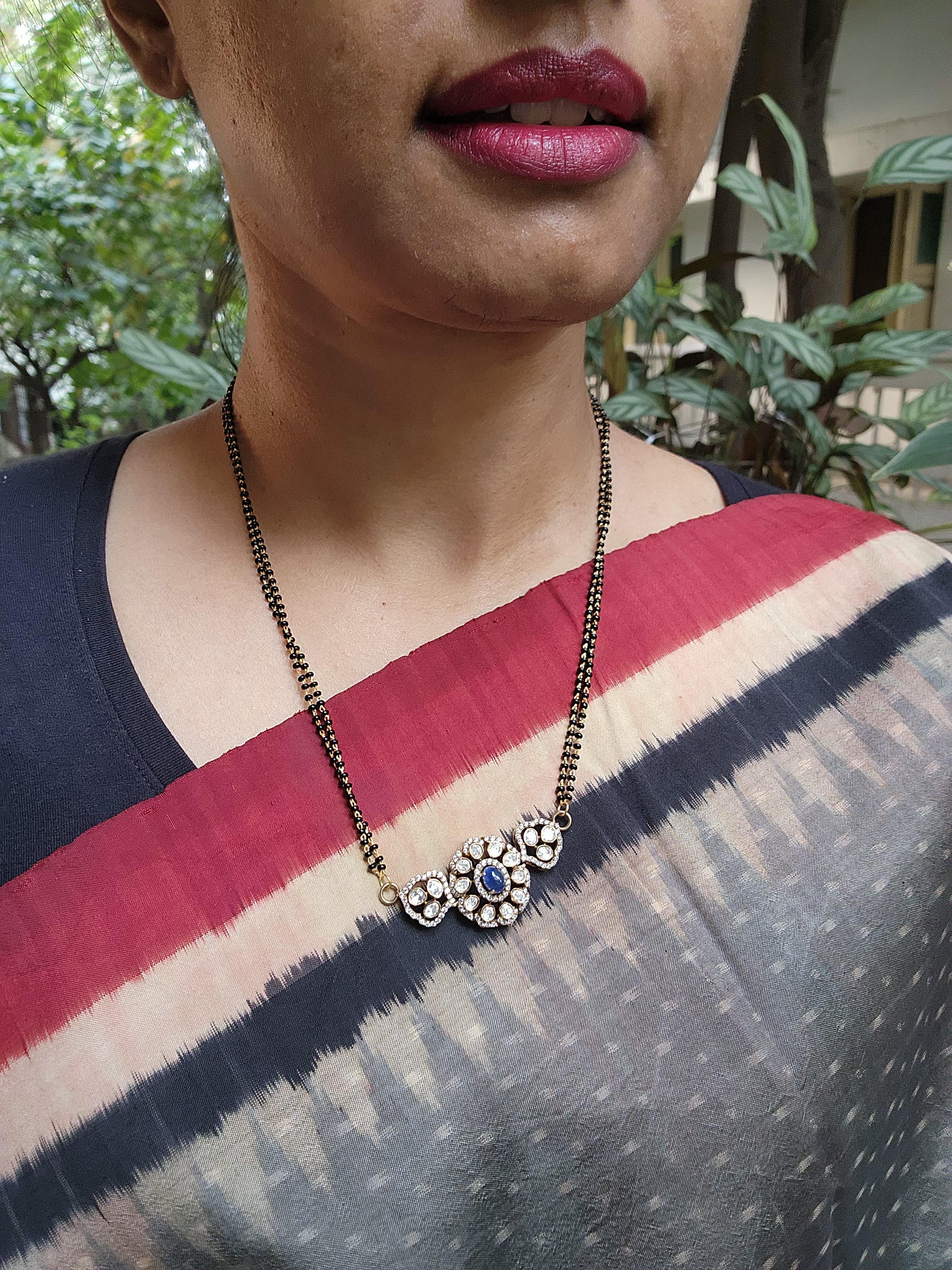 Black bead/mangalsutra style chain with moissanite pendant-Silver Neckpiece-CI-House of Taamara