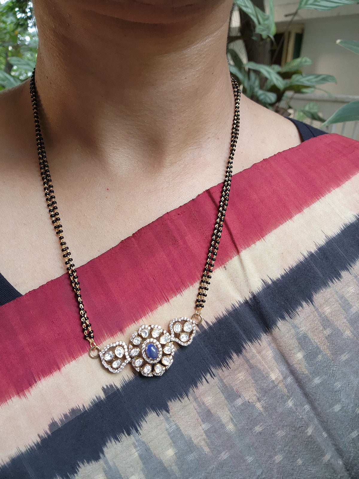 Black bead/mangalsutra style chain with moissanite pendant-Silver Neckpiece-CI-House of Taamara