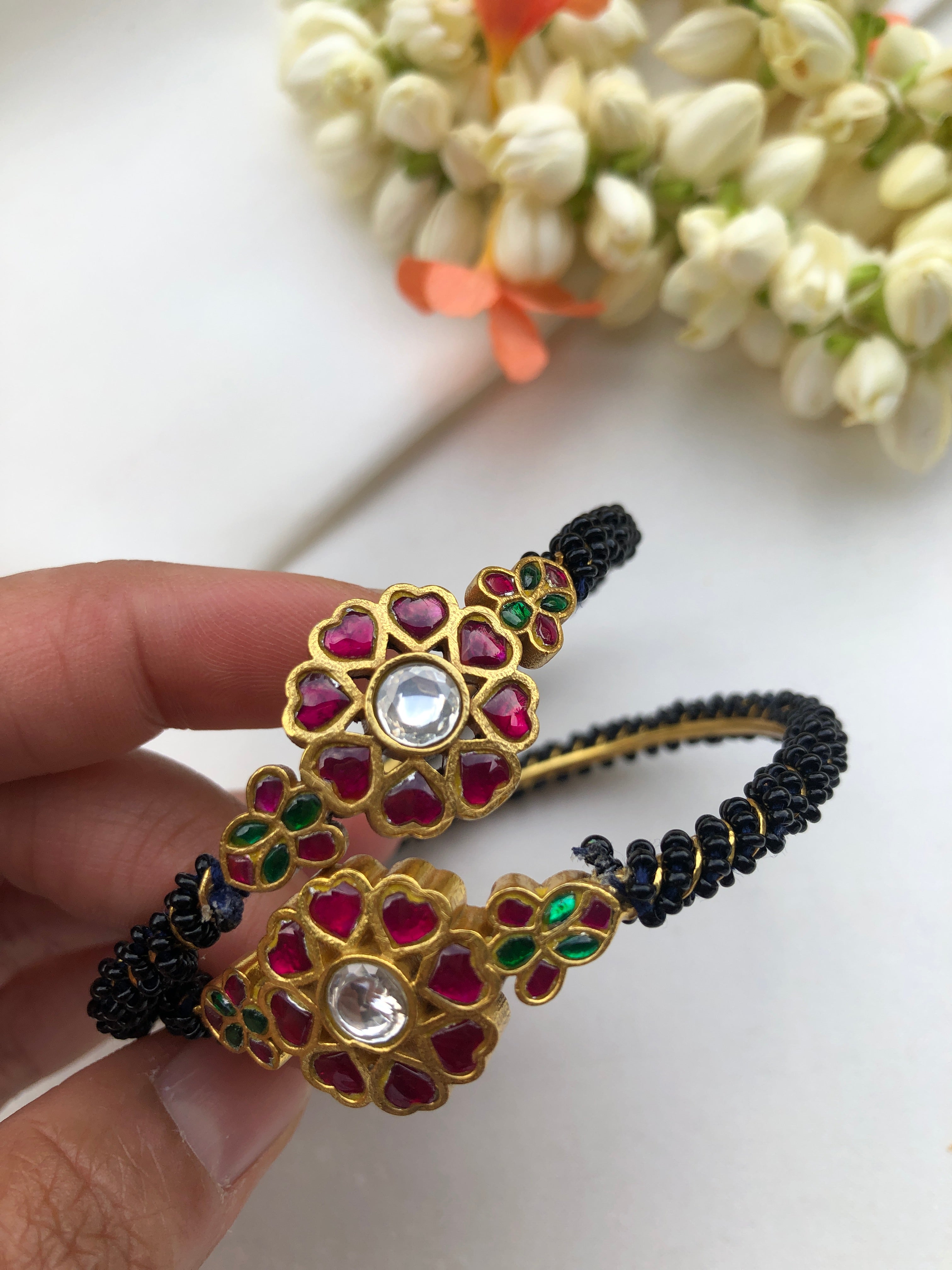 Black beads with kundan bangles, PAIR, 2.6-Silver Bracelet-PL-House of Taamara