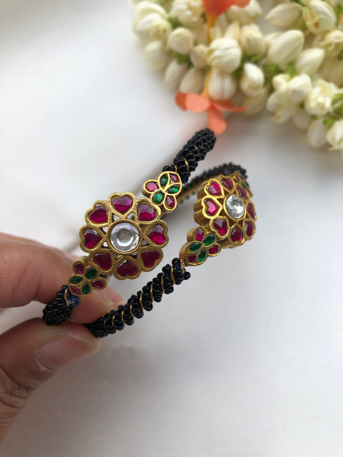Black beads with kundan bangles, PAIR, 2.6-Silver Bracelet-PL-House of Taamara
