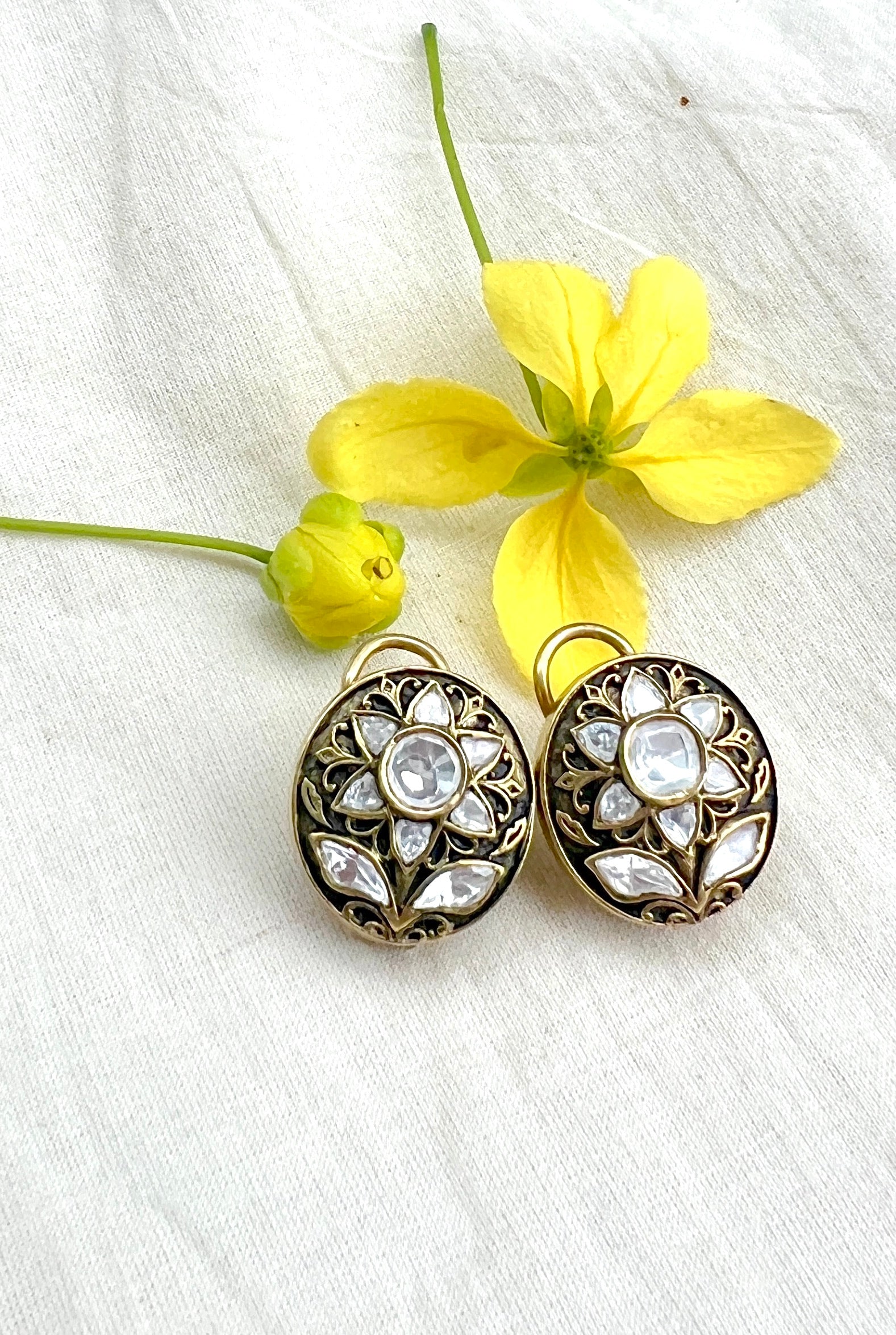 Black enamel with polki flower-Silver earrings-EZ-House of Taamara